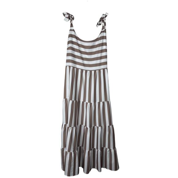 Brown White Striped Maxi Dress XL Tie Shoulder Tiered Summer Sundress - Picture 2 of 10